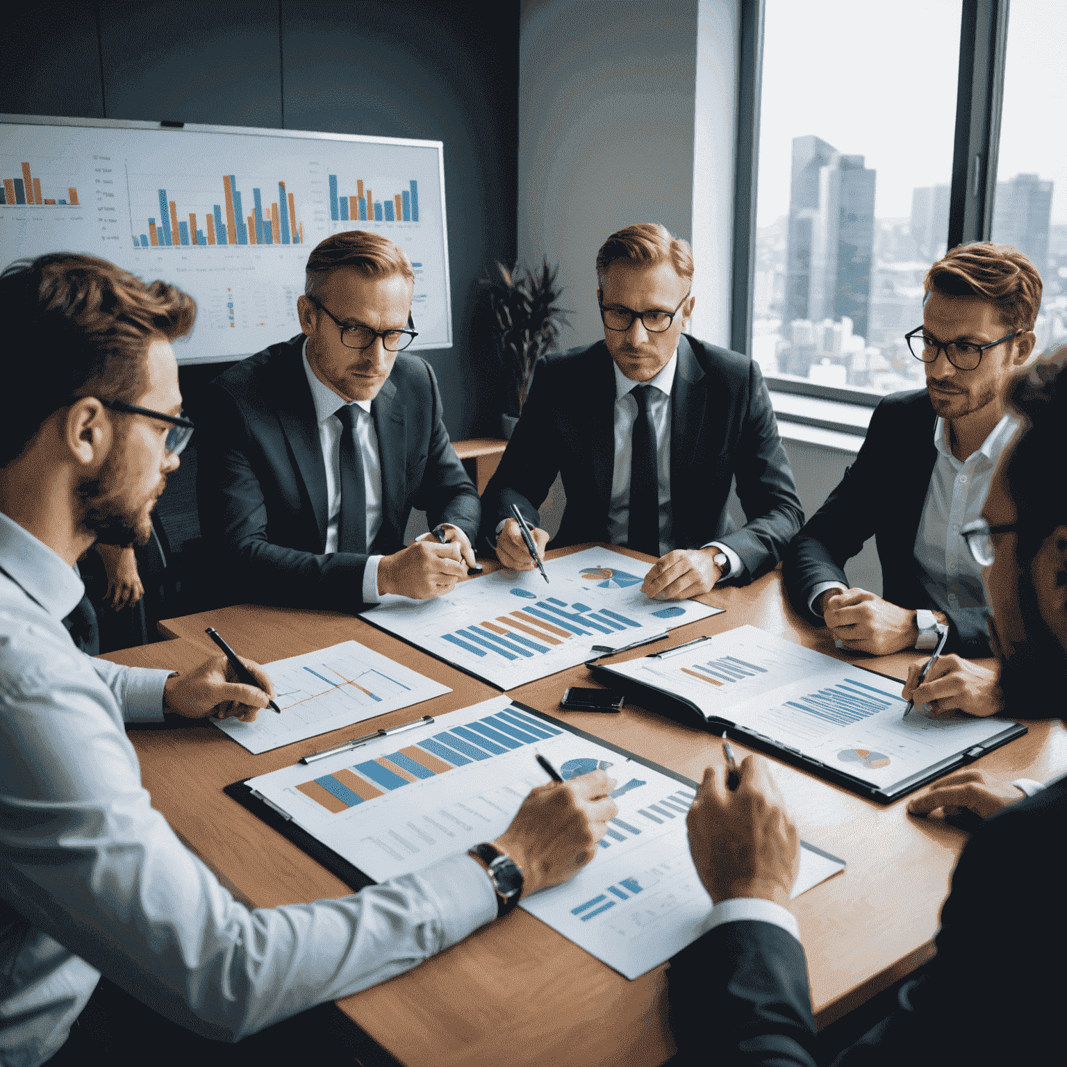 A group of investors in a meeting room discussing portfolio opportunities and analyzing financial data on charts and graphs