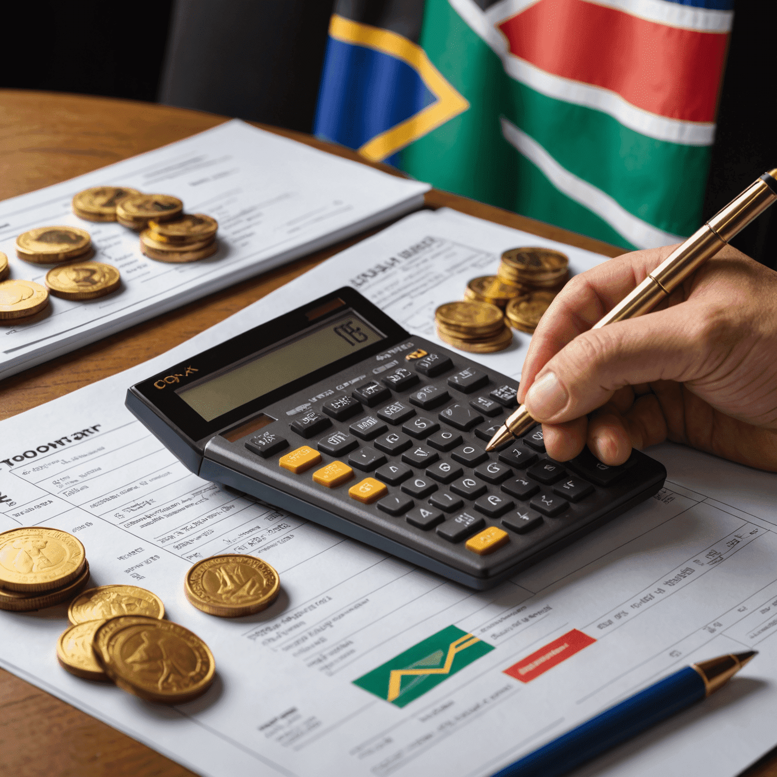 A professional accountant reviewing tax documents with a calculator and pen, with gold coins and the South African flag in the background