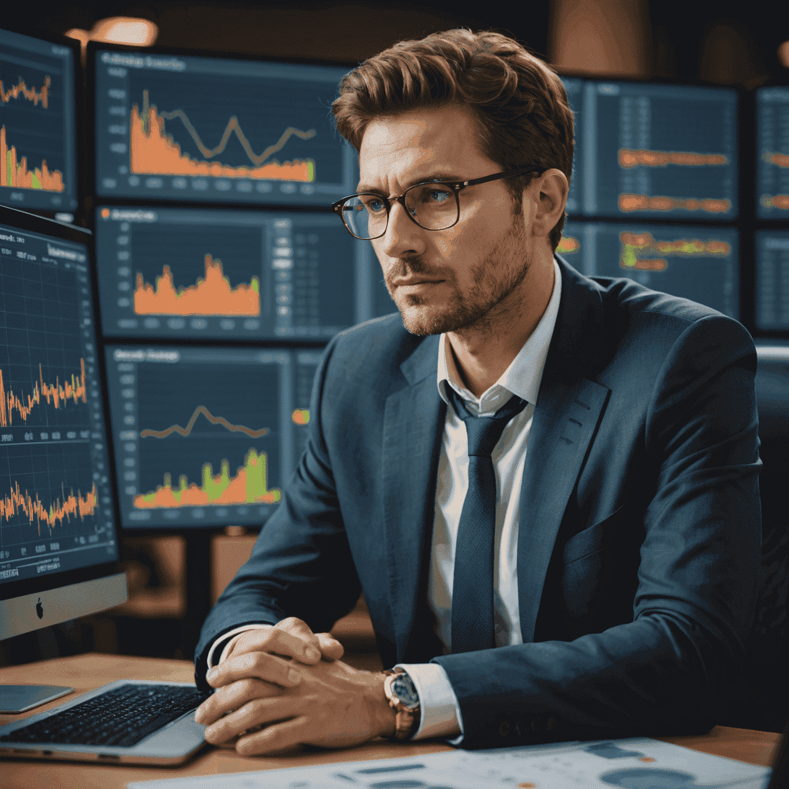 Portrait of a gold market analyst, wearing glasses and looking thoughtfully at financial charts on a computer screen