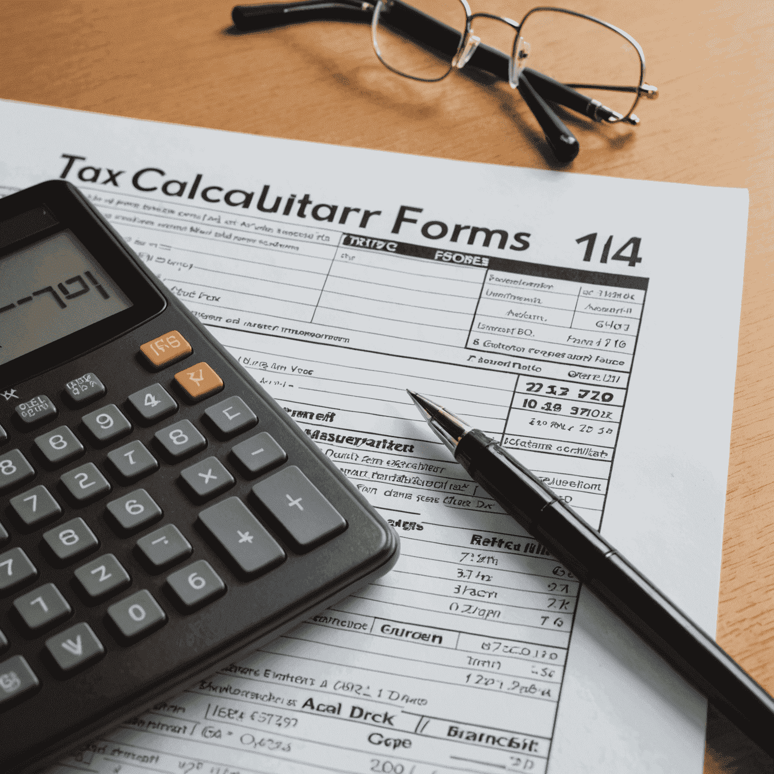 A calculator, pen, and tax forms on a desk