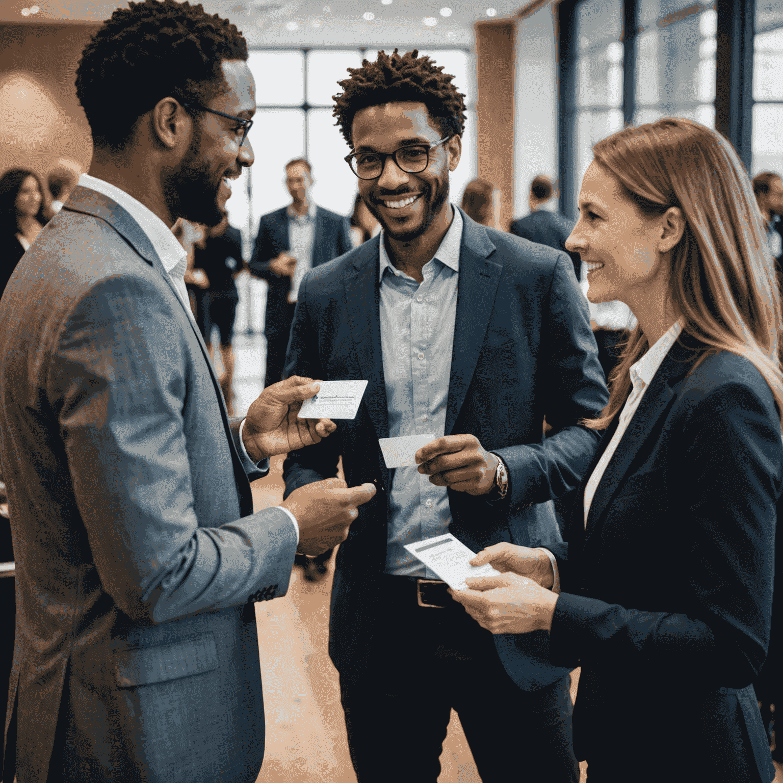 Entrepreneurs and investors networking at a business event, exchanging business cards and discussing networking opportunities