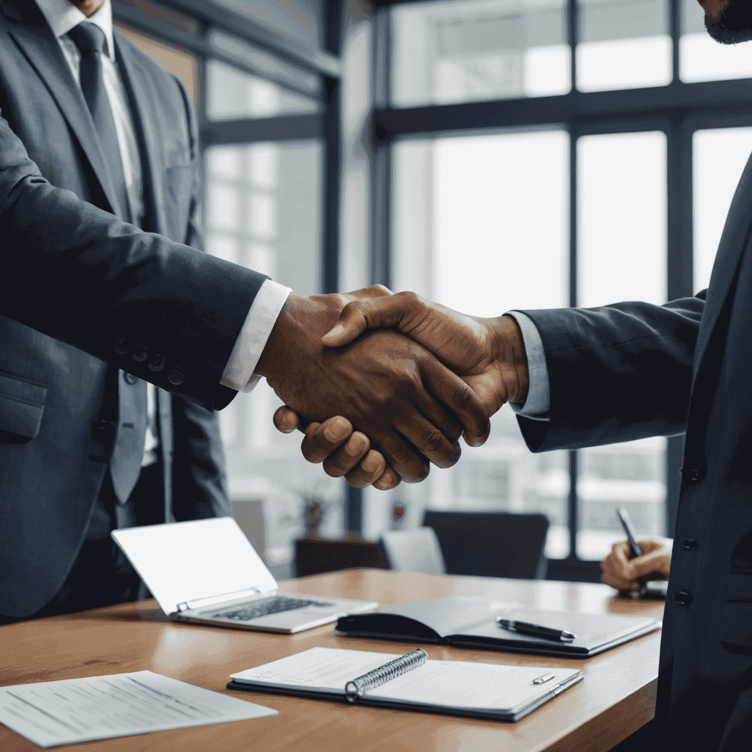 A small business owner shaking hands with an international client, symbolizing the successful management of foreign exchange risk in their export operations.