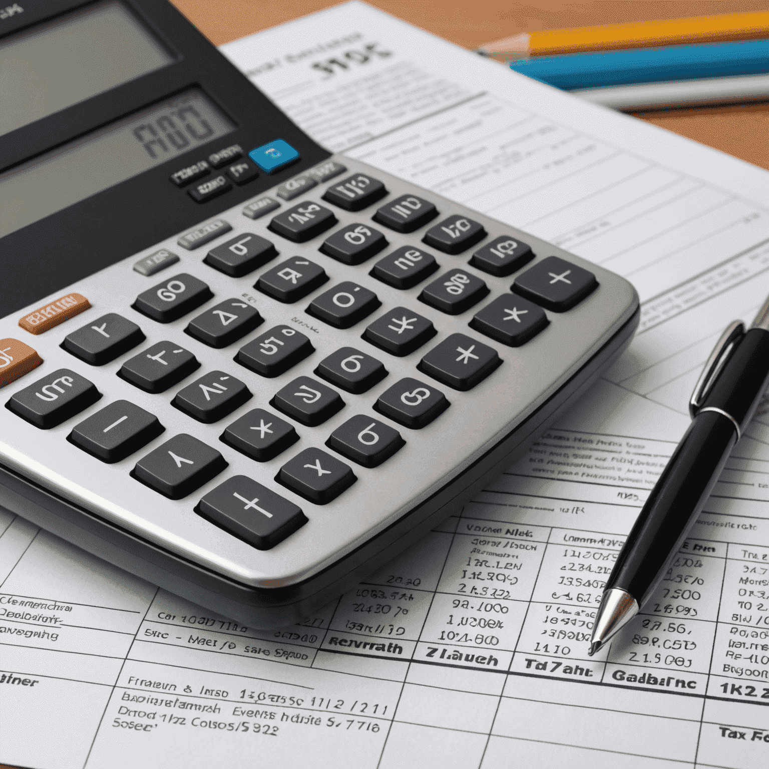 A calculator, pen, and tax forms, illustrating the concept of tax optimization strategies for South African businesses to minimize liabilities and maximize profits.