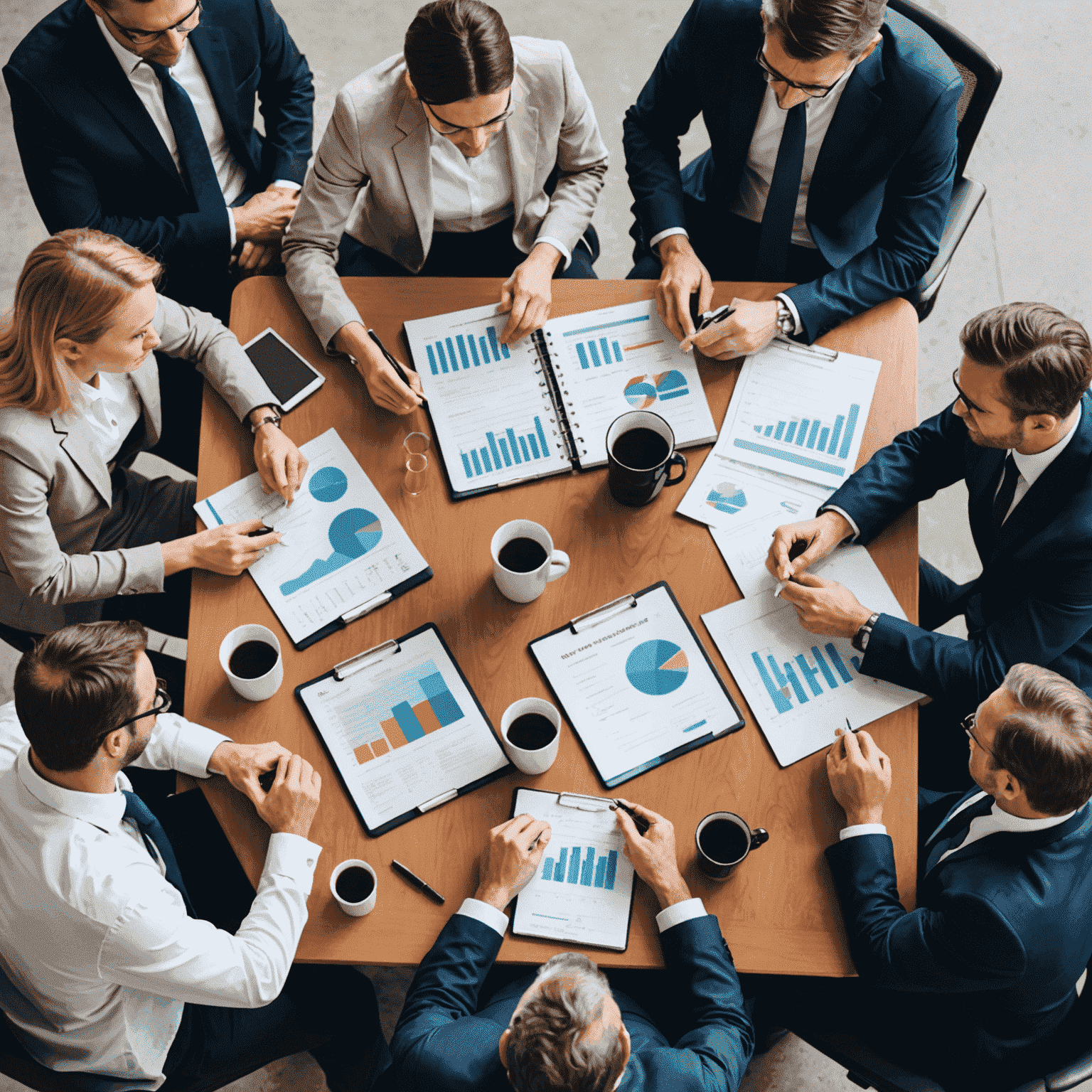 A group of business professionals discussing a successful foreign exchange risk management strategy